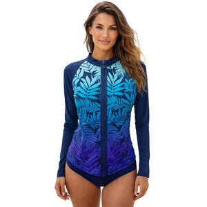 Blue Rod Beattie Tropical Palm Rash Guard Top Size L Zip Front Long Sleeve